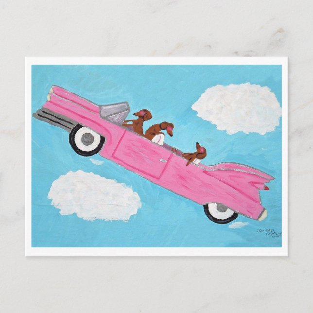 Carte Postale Dachshunds dans une décapotable rose dans le ciel (Devant)