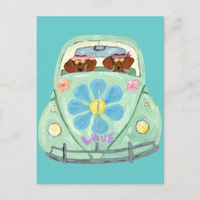 Carte Postale Dachshunds Hippies Dans Leur Mobile de l'Amour Fle (Devant)