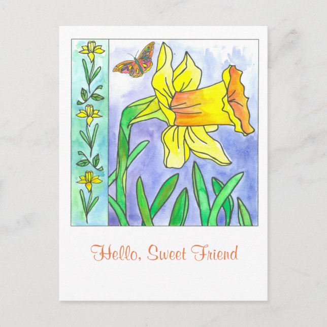 Carte Postale Daffodil Aquarelle Flower Hello Sweet Friend (Devant)