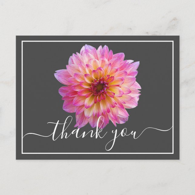Carte Postale Dahlia jaune rose Fond gris Merci (Devant)