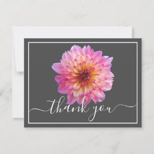 Carte Postale Dahlia rose jaune Fond gris Merci