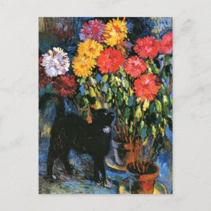 Carte Postale Dahlias et Chat noir, peinture d'art