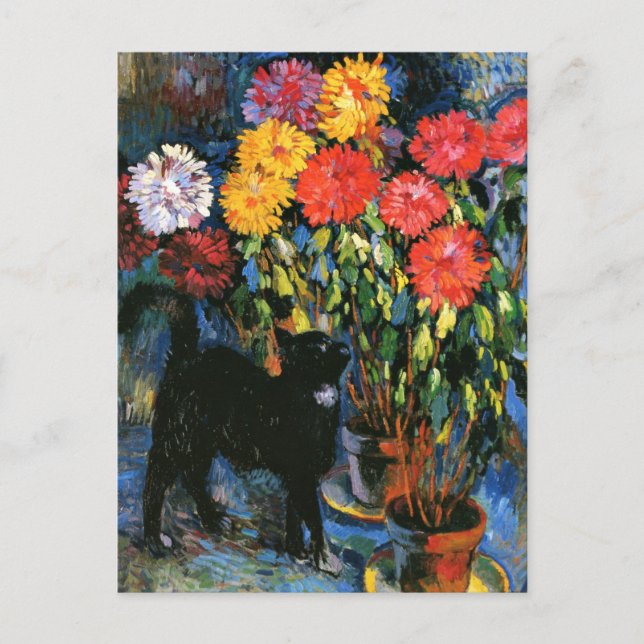 Carte Postale Dahlias et Chat noir, peinture d'art (Devant)