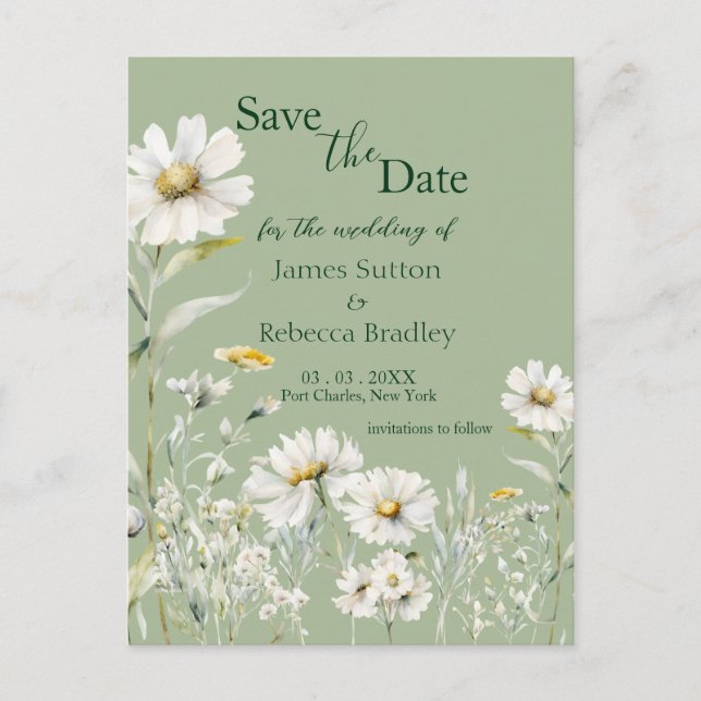Carte Postale Daisy Earthy Sage & Botanical  Save the Date (Devant)