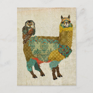 Carte postale d'alpaga et chouette, doré et turquo