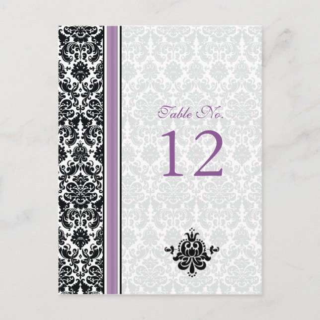Carte Postale Damask Purple, Black, White Mariage Numéro de tabl (Devant)