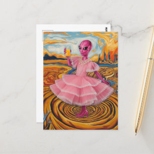 Carte Postale Dame Alien en rose avec jus d'orange