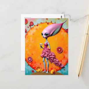 Carte Postale Dame Alien surréaliste en rose avec jus d'orange