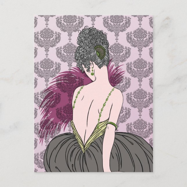 Carte Postale Dame Art Déco avec Damas - BIANCA : Tea Time (Devant)