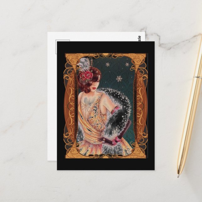 Carte Postale Dame Art déco des années 1920 (Devant/Arrière en situation)