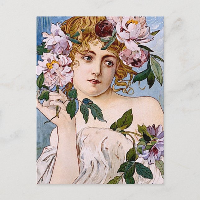 Carte Postale Dame Art Nouveau aux fleurs (Devant)