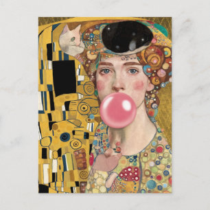 Carte Postale Dame au Bubble Gum Rose avec l'Art du Chat de Gust