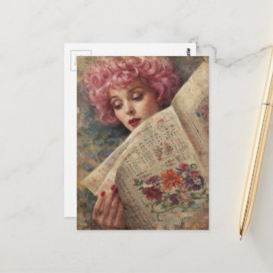 Carte Postale Dame aux cheveux roses rétro lisant un papier
