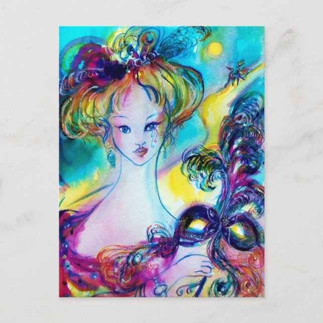 Carte Postale DAME AVEC MASQUE FEATHEREE Vénitien Masquerade Nui (Devant)