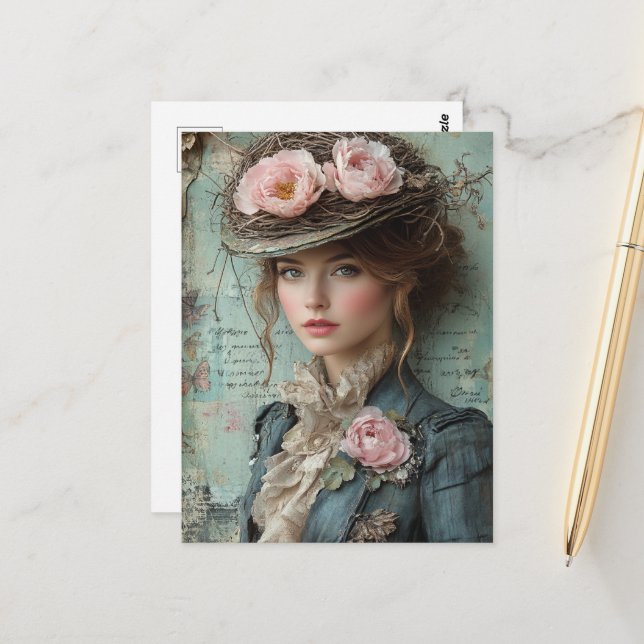 Carte Postale Dame avec un Casquette de la nature (Devant/Arrière en situation)