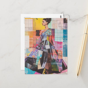 Carte Postale Dame Colorée dans le Collage de Médias Mixtes de M
