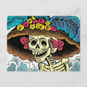 Carte Postale Dame Crâne de Sucre au Chapeau de Soleil Floral Gr