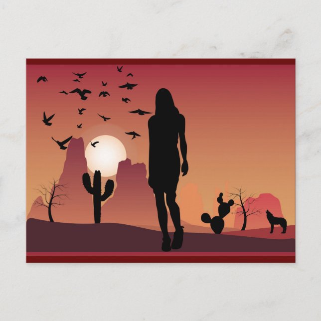 Carte Postale Dame dans le désert Paysage Animaux silhouette (Devant)