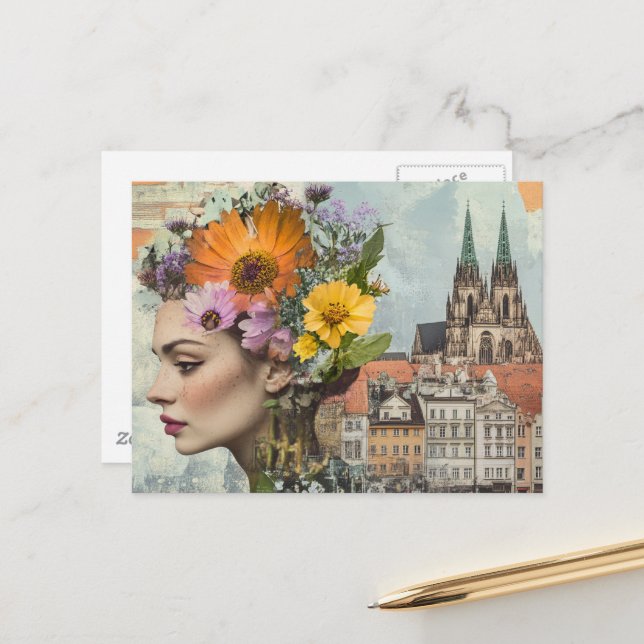 Carte Postale Dame dans un collage de fleurs de ville Bâtiments (Devant/Arrière en situation)