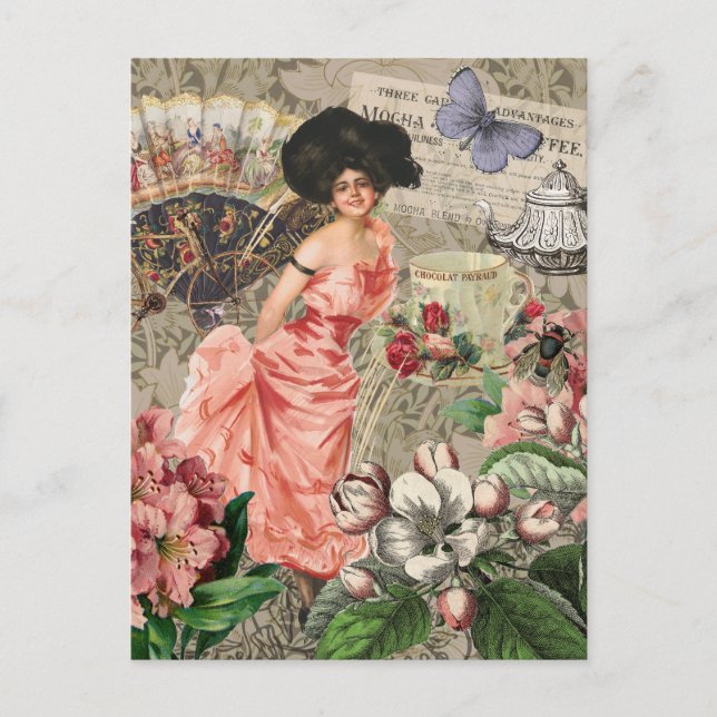 Carte Postale Dame de café femme victorienne rose riche robe (Devant)