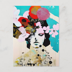 Carte Postale Dame de fleurs Collage de médias mixtes Abstrait c