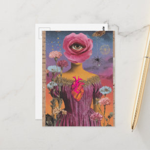 Carte Postale Dame de fleurs rose surréaliste collage