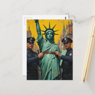 Carte Postale dame de la liberté manifestant arrêtée par la poli