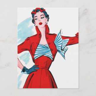 Carte Postale Dame de la mode rétro en rouge