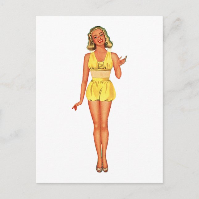 Carte Postale Dame de papier rétro habillée en jaune (Devant)
