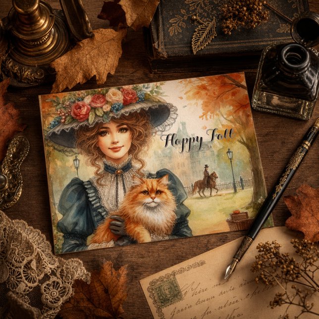 Carte Postale Dame élégante avec Chat Heureuse Chute  (Créateur téléchargé)