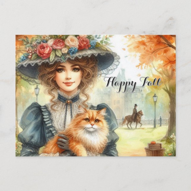 Carte Postale Dame élégante avec Chat Heureuse Chute  (Devant)