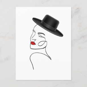 Carte Postale Dame en Casquette noir avec Red Lips Line Art