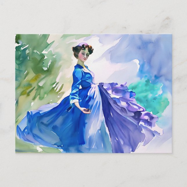 Carte Postale Dame en Robe Bleue - Peinture aquarelle (Devant)