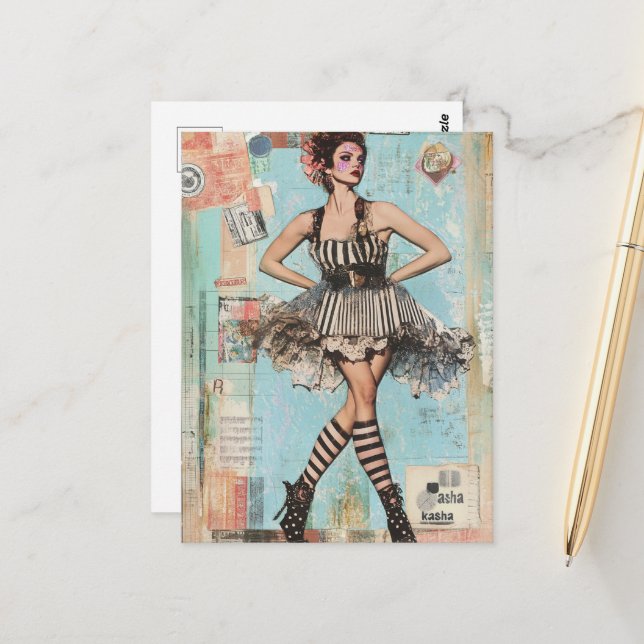 Carte Postale Dame en robe de mode noir et blanc Collage (Devant/Arrière en situation)