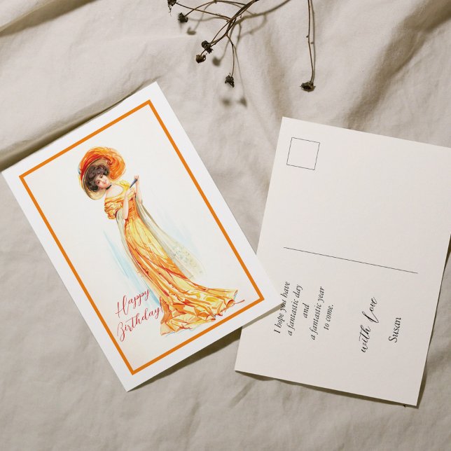 Carte Postale Dame en robe jaune, Joyeux Anniversaire (Créateur téléchargé)
