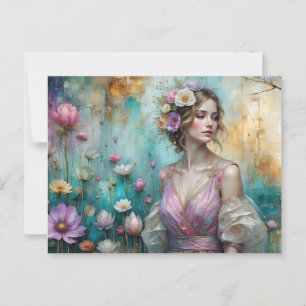 Carte Postale Dame en rose, texturé paysage floral or turquoise