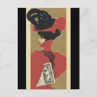 Carte Postale Dame en rouge avec des plumes noires