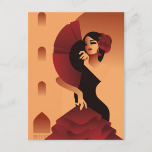 Carte Postale Dame espagnole avec ventilateur et rose en cheveux