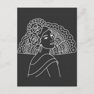 Carte Postale Dame espagnole flamenco avec éventail dessin à l'e