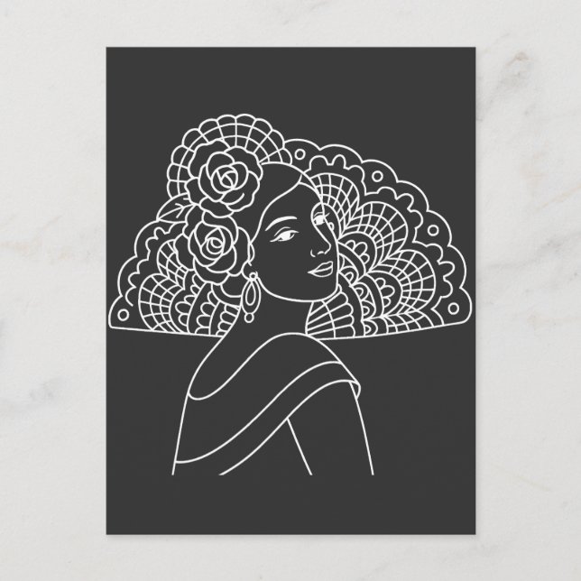 Carte Postale Dame espagnole flamenco avec éventail dessin à l'e (Devant)