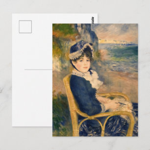 Carte Postale Dame française vintage tricotant sur la plage Art