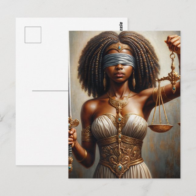 Carte Postale Dame Justice à la peau foncée avec balance et épée (Devant / Derrière)