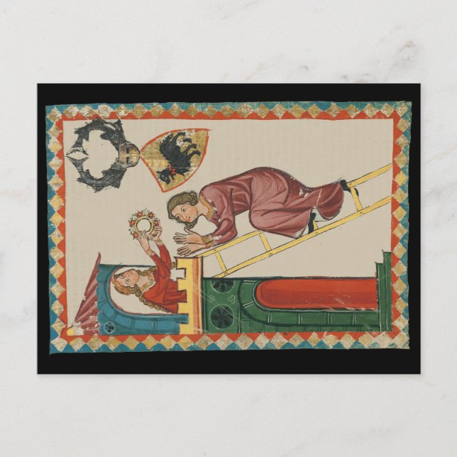 Carte Postale Dame offrant un cadeau à un prétendant, 14e siècle (Devant)