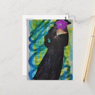 Carte Postale Dame Pirate Avec Fleur Violette Visage Mixte Média