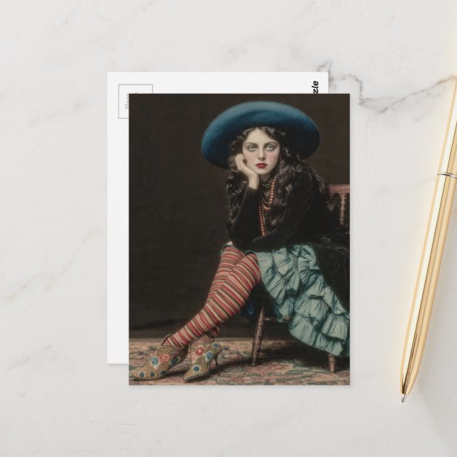 Carte Postale Dame Rétro Avec Attitude Ennuyée (Devant/Arrière en situation)