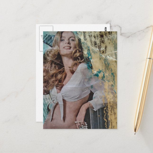 Carte Postale Dame rétro chic avec perles Collage en techniques  (Devant/Arrière en situation)