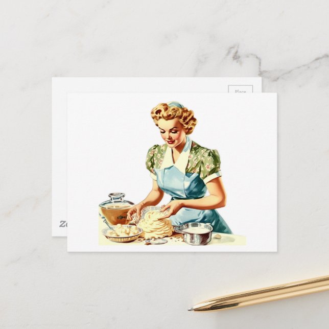Carte Postale Dame Rétro en Cuisine  (Devant/Arrière en situation)