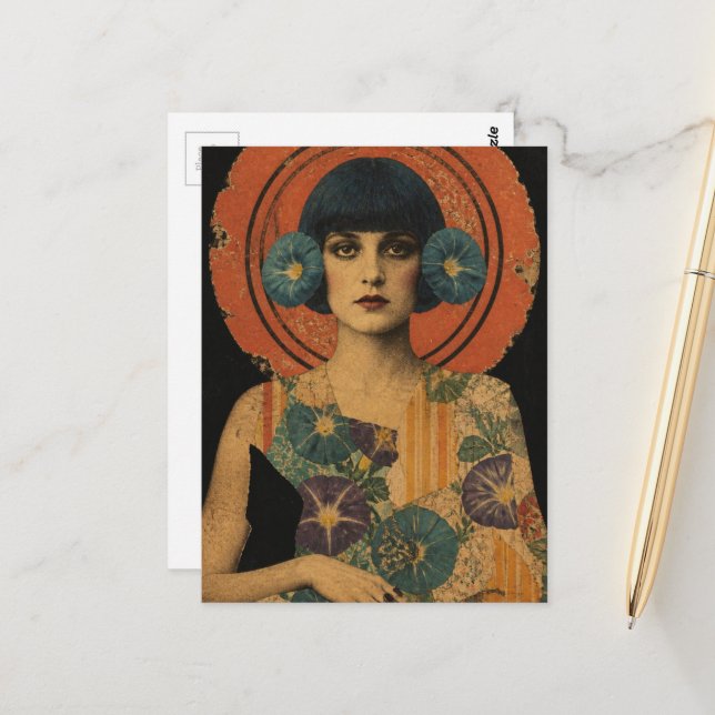 Carte Postale Dame Rétro et Fleurs (Devant/Arrière en situation)