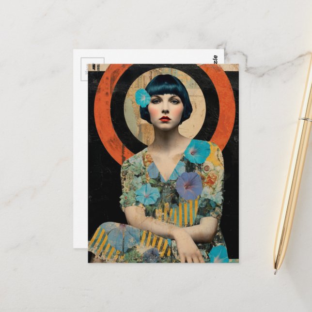 Carte Postale Dame Rétro et Fleurs de Gloire du Matin (Devant/Arrière en situation)