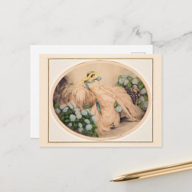 Carte Postale Dame rose de Louis Icart (Devant/Arrière en situation)